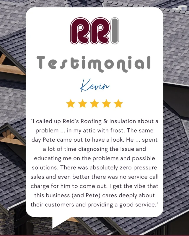 🌟 Customer Review Spotlight: Expert Advice & Honest Service 🌟
At Reid's Roofing & Insulation, we believe in educating homeowners and offering solutions without the pressure—because your trust matters!

📝 "I called up Reid's Roofing & Insulation about a problem I've been having in my attic with frost. The same day Pete came out to have a look. He was extremely pleasant and spent a lot of time diagnosing the issue and educating me on the problems and possible solutions. There was absolutely zero pressure sales and even better there was no service call charge for him to come out. I get the vibe that this business (and Pete) cares deeply about their customers and providing a good service." – ⭐⭐⭐⭐⭐ Kevin

We’re here to help homeowners make informed decisions about their roofing and insulation needs. Thanks, Kevin, for recognizing our commitment!

🔨 Have a roofing or insulation concern? Let’s talk! Contact us today for expert advice.

📲 Call: 780.460.5866
🔗 Link in bio!

#CustomerReview #ReidsRoofing #TrustTheExperts #TopNotchService #AlbertaRoofing #RoofingDoneRight #QualityCraftsmanship #InsulationExperts #BuiltForCanada #RoofingSolutions
